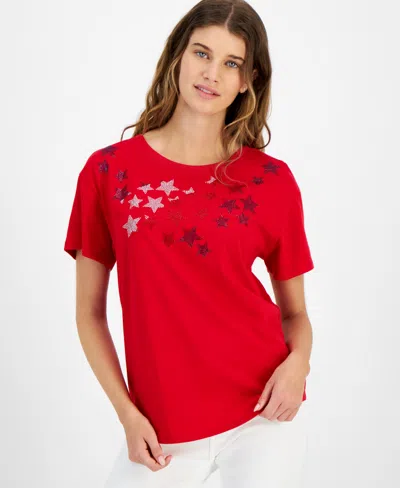 Tommy Hilfiger Women's Embellished-star Short-sleeve T-shirt In Scarlet