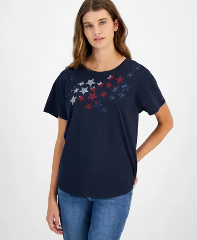 Tommy Hilfiger Women's Embellished-star Short-sleeve T-shirt In Sky Capt