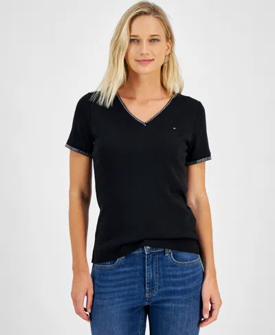 Tommy Hilfiger Women's Embellished V-neck Cotton T-shirt In Black