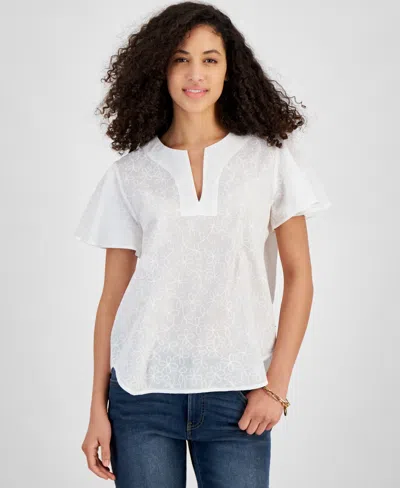 Tommy Hilfiger Women's Embroidered Cotton Flutter-sleeve Top In Brght Wh,b