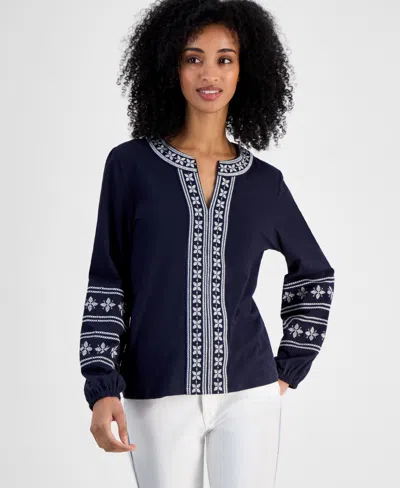 Tommy Hilfiger Women's Embroidered Cotton Top In Sky Captain