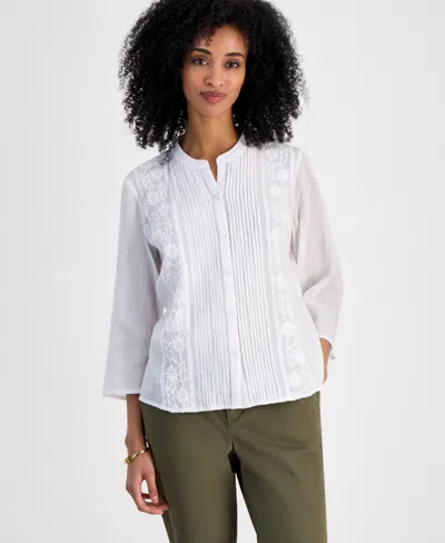 Tommy Hilfiger Women's Embroidered Gauzy Pintucked Cotton Top In Bright White