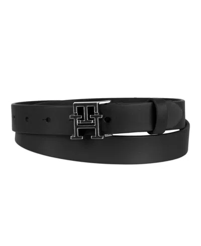 Tommy Hilfiger Women's Enamel Monogram Buckle Casual Leather Belt In Black