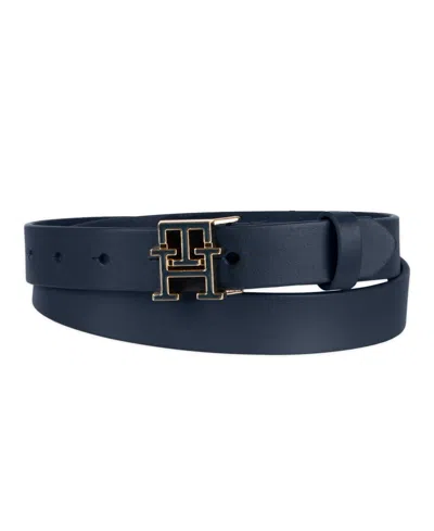 Tommy Hilfiger Women's Enamel Monogram Buckle Casual Leather Belt In Blue