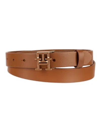 Tommy Hilfiger Women's Enamel Monogram Buckle Casual Leather Belt In Brown
