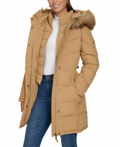 Tommy Hilfiger Women's Faux Fur Trim Hooded In Camel In Multi