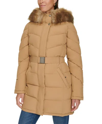 Tommy Hilfiger Women's Faux-fur-trim Hooded Puffer Coat, Created For Macy's In Camel