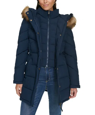 Tommy Hilfiger Women's Faux-fur-trim Hooded Puffer Coat, Created For Macy's In Navy