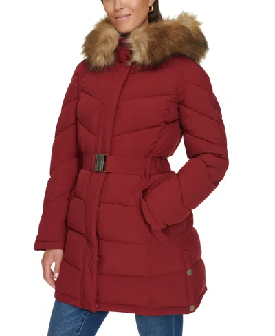 Tommy Hilfiger Women's Faux-fur-trim Hooded Puffer Coat, Created For Macy's In Rouge