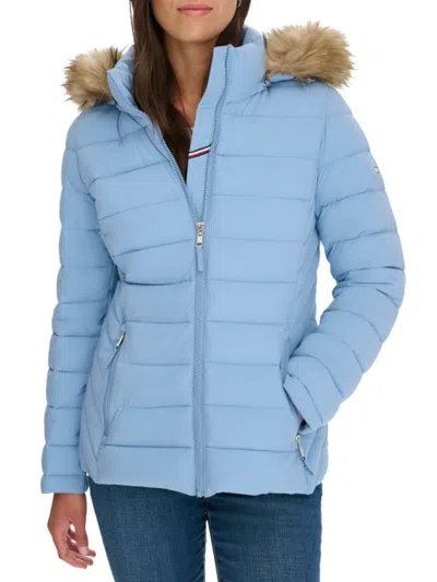 Tommy Hilfiger Women's Faux-fur Trim Hooded Puffer Jacket In Blue