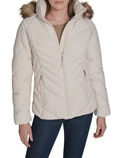 Tommy Hilfiger Women's Faux Fur Trim Hooded Puffer Jacket In Neutral