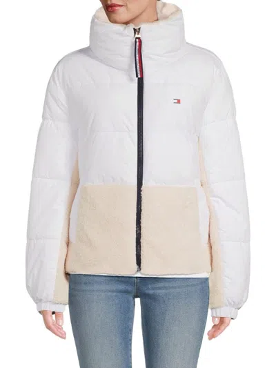Tommy Hilfiger Women's Faux Shearling Quilted Jacket In White Beige