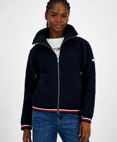 Tommy Hilfiger Women's Faux-sherpa Contrast-rib Bomber Jacket In Blue