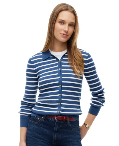 Tommy Hilfiger Women's Fine Gauge Polo Collar Cardigan In Breton Stripe Aegean Sea Ecru