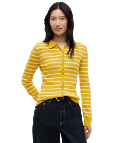Tommy Hilfiger Women's Fine Gauge Polo Collar Cardigan In Breton Stripe Orn Yellow Frozen Cust