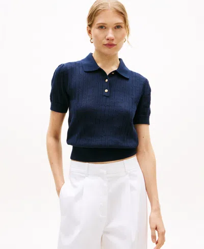 Tommy Hilfiger Women's Flag Pointelle Puff-sleeve Polo Sweater In Blue