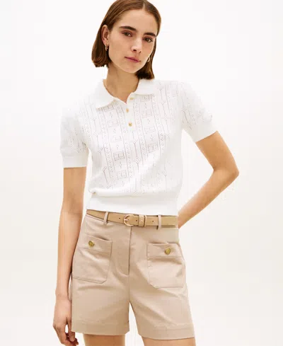 Tommy Hilfiger Women's Flag Pointelle Puff-sleeve Polo Sweater In White