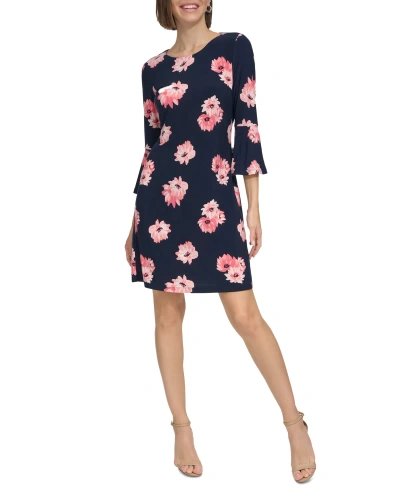 Tommy Hilfiger Women's Floral Bell-sleeve Shift Dress In Sky Captain,bloom