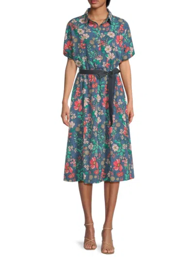 Tommy Hilfiger Women's Floral Belted Midi-dress In Blue Multi