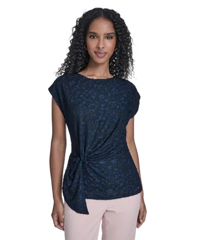Tommy Hilfiger Women's Floral Clip Draped Crewneck Top In Blue