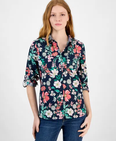 Tommy Hilfiger Women's Floral Cotton Button-front Shirt In Sky Captain Multi
