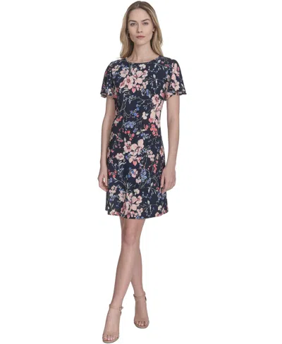 Tommy Hilfiger Women's Floral Flutter-sleeve Shift Dress In Sky Captain,guava