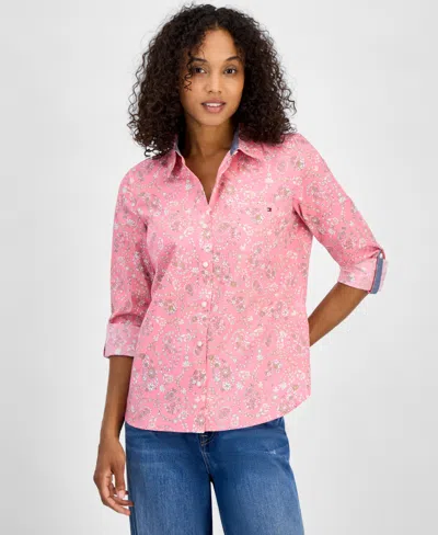 Tommy Hilfiger Women's Floral Gingham Cotton Shirt In Pink