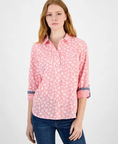 Tommy Hilfiger Women's Floral Gingham Cotton Shirt In Sherbert,bright White