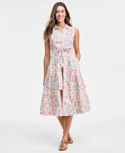 Tommy Hilfiger Women's Floral Lace-trim Shirtdress In Bright White Multi