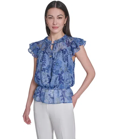 Tommy Hilfiger Women's Floral Peplum Flutter-sleeve Blouse In Blue