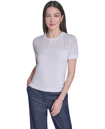 Tommy Hilfiger Women's Floral Pointelle Short-sleeve Sweater In White