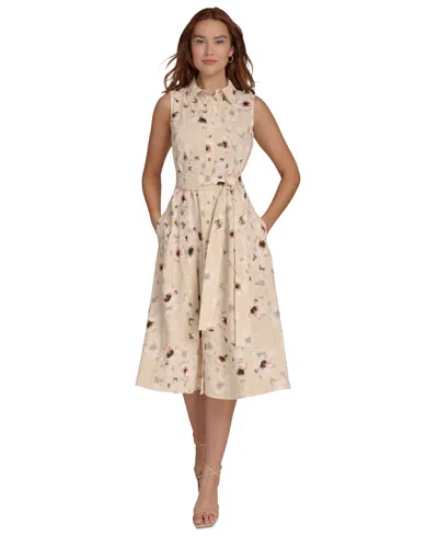 Tommy Hilfiger Women's Floral-print Button-down Tie-front Cotton Shirtdress In Parchment Multi