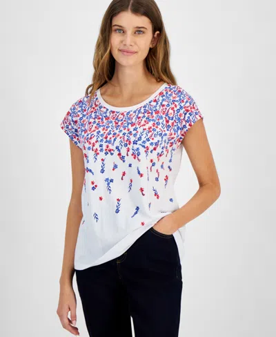 Tommy Hilfiger Women's Floral-print Dolman-sleeve Top In Brght Wht