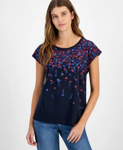 Tommy Hilfiger Women's Floral-print Dolman-sleeve Top In Sky Capt M