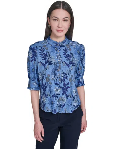 Tommy Hilfiger Women's Floral Print Elbow-sleeve Blouse In Blue