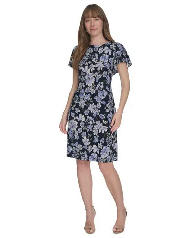 Tommy Hilfiger Women's Floral-print Flutter-sleeve Dress In Sky Captain Multi