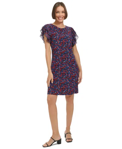 Tommy Hilfiger Women's Floral-print Flutter-sleeve Shift Dress In Sk Captn,g