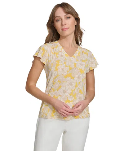 Tommy Hilfiger Women's Floral-print Flutter-sleeve Shirred-shoulder V-neck Top In Dp Mze Com