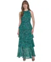 Tommy Hilfiger Women's Floral-print Halter-neck Tiered Sleeveless Dress In Parakeet Multi