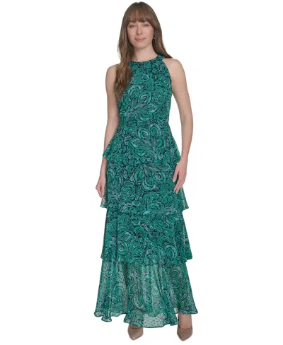 Tommy Hilfiger Women's Floral-print Halter-neck Tiered Sleeveless Dress In Parakeet Multi