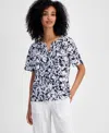 Tommy Hilfiger Women's Floral-print Linen-blend Pintucked Top In Sky Captain,bright White
