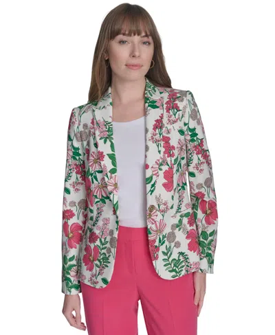 Tommy Hilfiger Womens Floral Print Long Sleeve Blazer Johnny Collar Polo Sweater Cropped Elastic Back Sloane Ankle In White Multi