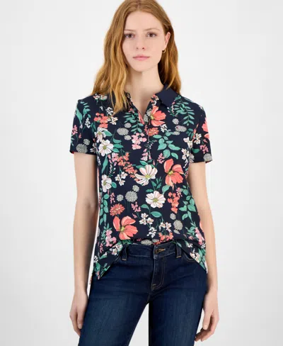 Tommy Hilfiger Women's Floral-print Polo Shirt In Sky Captain Multi