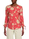 Tommy Hilfiger Women's Floral Print Ruched Cuff Stretch Knit Top In Red