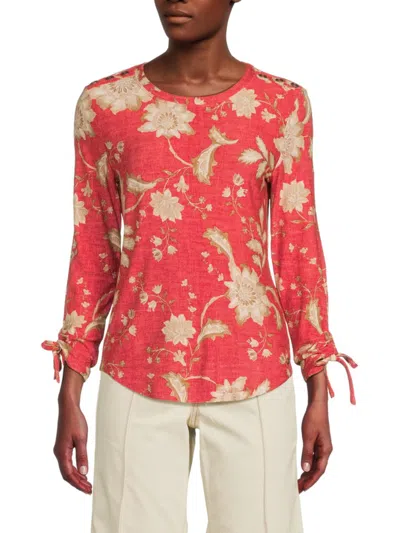 Tommy Hilfiger Women's Floral Print Ruched Cuff Stretch Knit Top In Red