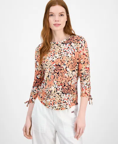 Tommy Hilfiger Women's Floral-print Ruched-sleeve Top In Multi