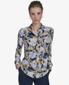 Tommy Hilfiger Women's Floral-print Ruffled-placket Button-down Knit Top In Deep Maize Multi