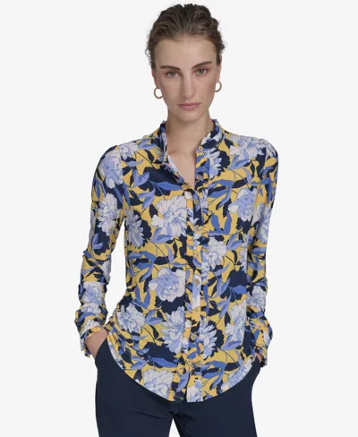 Tommy Hilfiger Women's Floral-print Ruffled-placket Button-down Knit Top In Deep Maize Multi