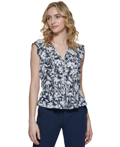 Tommy Hilfiger Women's Floral-print Ruffled Woven Peplum Blouse In Midnight Ivory
