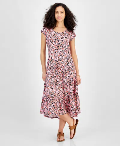 Tommy Hilfiger Women's Floral Print Short-sleeve Tiered Midi Dress In Sky Cap,pe